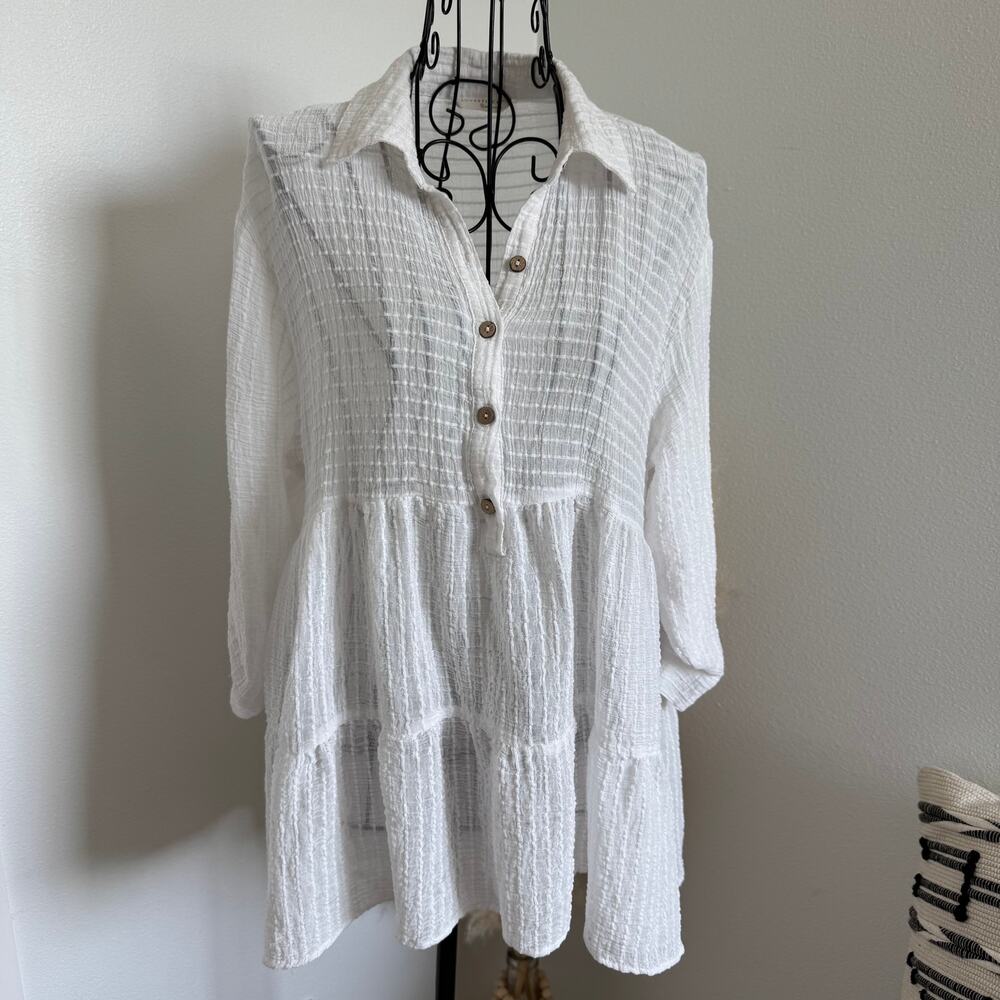 Lovestitch White Textured Sheer Boho Button Front Tiered Tunic Babydoll Top-S